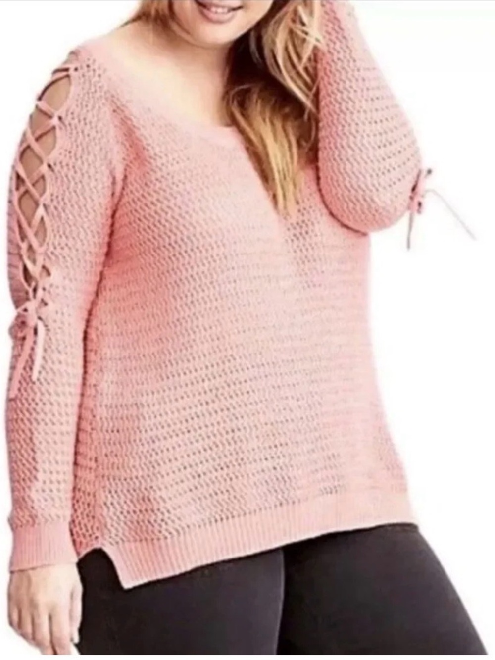 torrid 1 Pink Lace-Up Cold-Shoulder V-Neck Sweater Size 1X